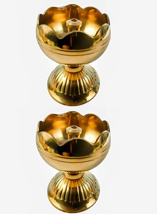 Skywalk Set of 2 Flower Design Brass Diya Puja Deepak Oil Lamp (Size-1.5 Inch) - Image 1